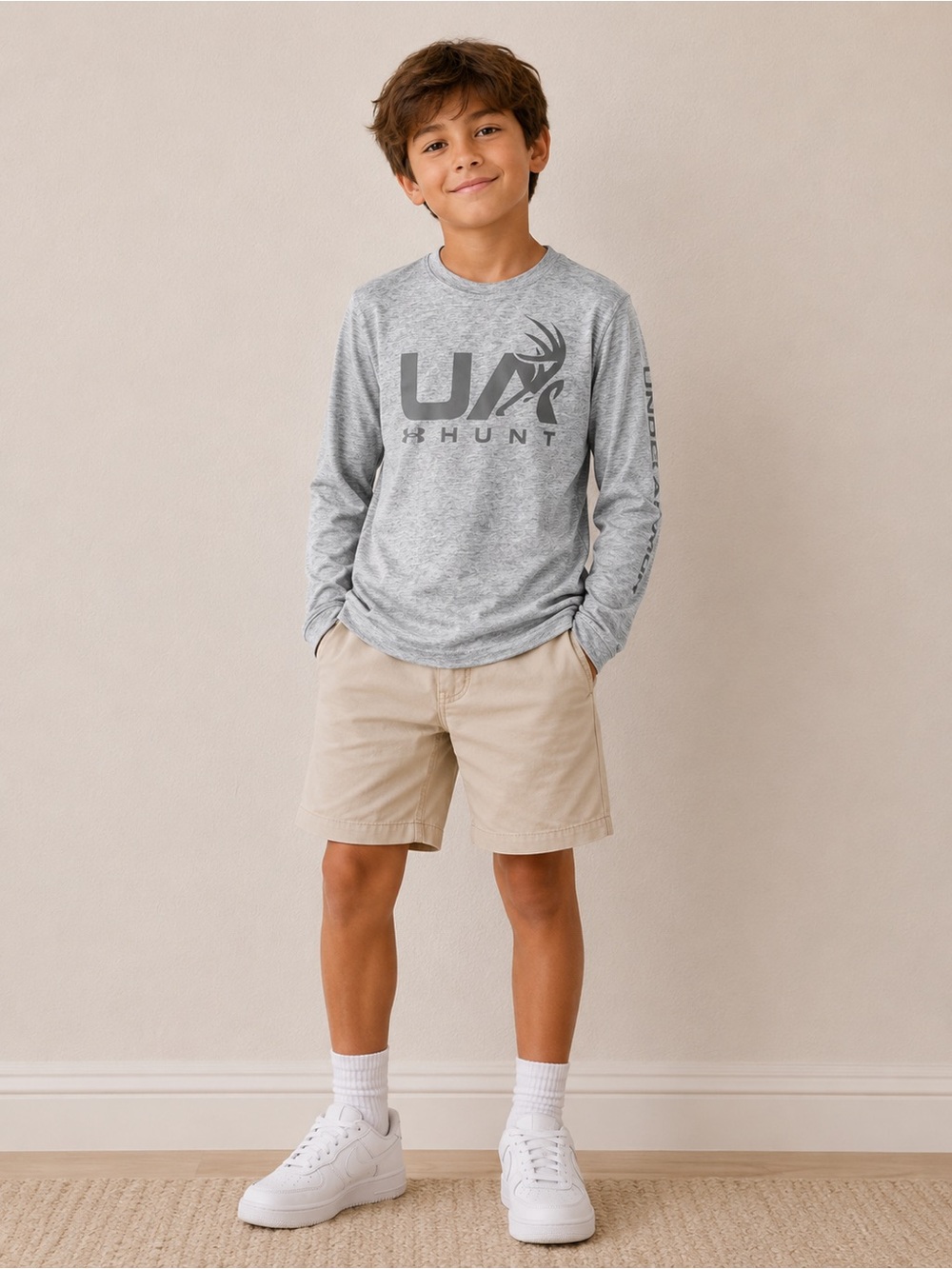 Youth Medium Under Armour UA Hunt Long Sleeve Shirt Gray Logo Outdoors